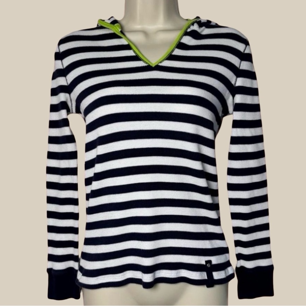 LRL  Ralph Lauren Active Waffle Knit Striped Hoodie Navy White Lime Green SZ XS